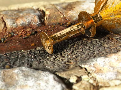 Rusty Yellow Brown Candle Lamp Fallen on Rough Outdoor Gravel Dirt Ground with Stones 3d model