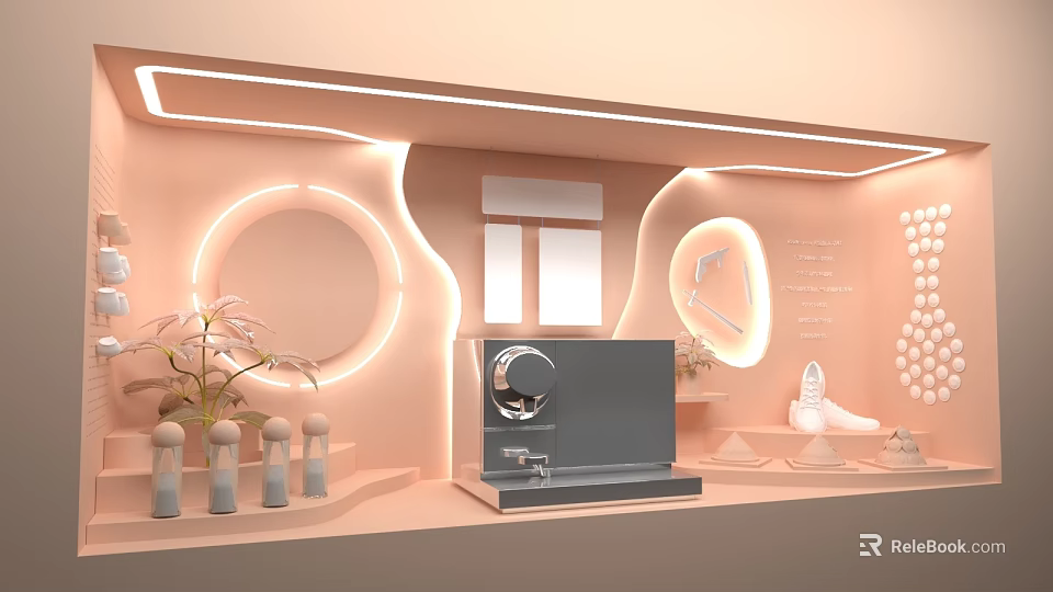 Pastel Pink Modern Interior Featuring Neon Circular Lights Gray Machine And Decorative Plants 3d model