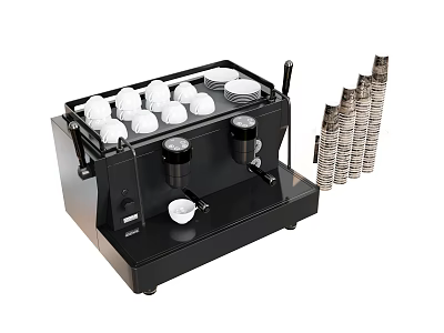 Efficient Commercial Coffee Machine with Stacked White Coffee Cups and Disposable Striped Cups 3d model