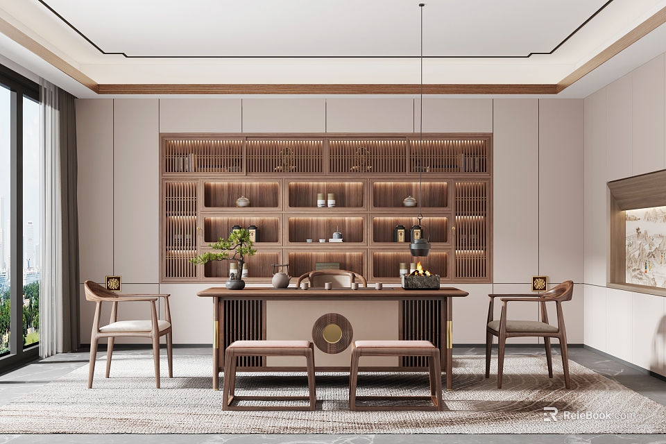 Traditional Tea Room Interior Design With Wooden Shelves Tea Sets Potted Plant And Hanging Lights 3d model 