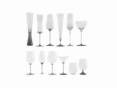 Various Glass Wine Cups With Different Designs Including Tall Stemmed And Wide Bowl Shapes 3d model