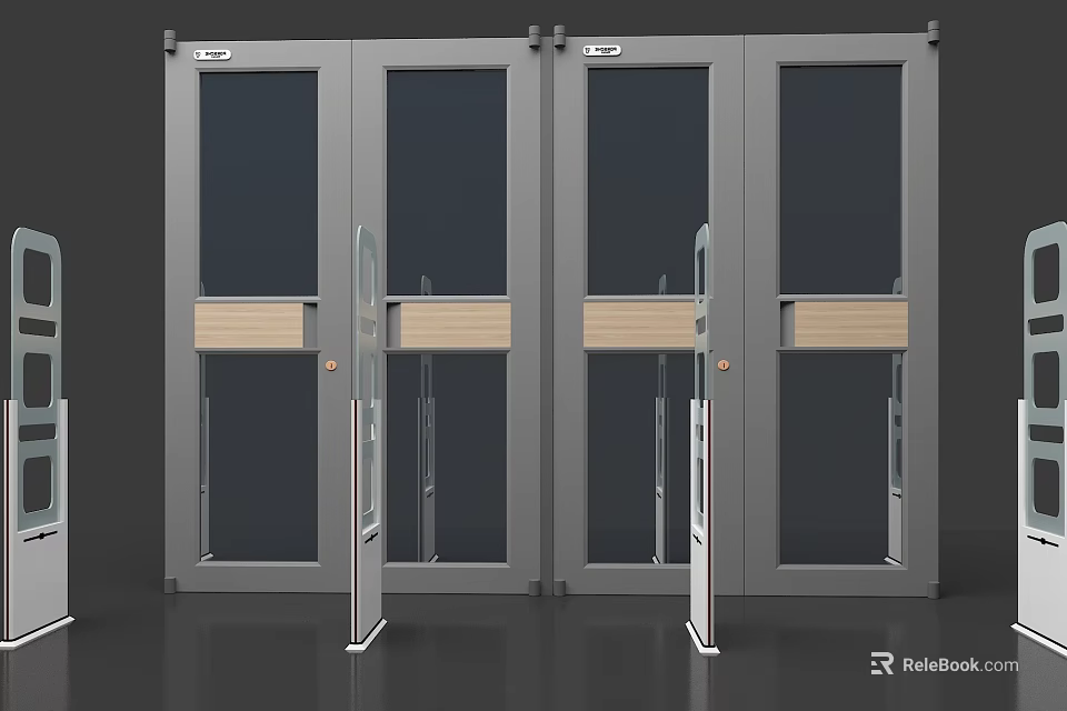 Commercial Double Glass Entrance Doors With Metal Frame And Wooden Panels 3d model 