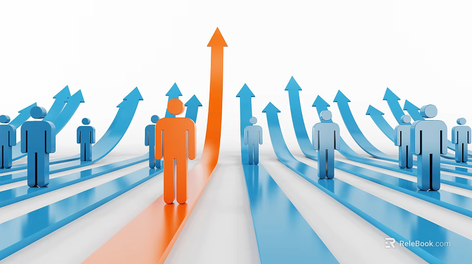Unique Upward Path With Orange Figure Among Blue Arrows And Figures 3d model 