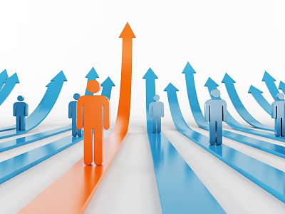 Unique Upward Path With Orange Figure Among Blue Arrows And Figures 3d model