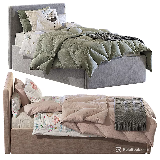 Cozy Single Bed with Green Quilt Pink Comforter Decorative Pillows and Wooden Headboard 3d model 