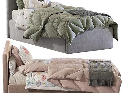 Cozy Single Bed with Green Quilt Pink Comforter Decorative Pillows and Wooden Headboard 3d model