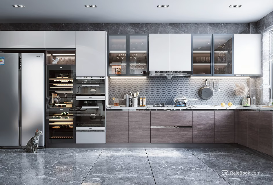 Modern Open Kitchen With Stainless Steel Refrigerator Gray Cabinets Marble Countertops And Pendant Lights 3d model 