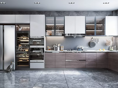 Modern Open Kitchen With Stainless Steel Refrigerator Gray Cabinets Marble Countertops And Pendant Lights 3d model