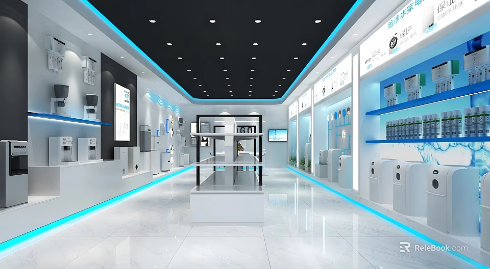Modern Office Pantry Interior With Open Design Cabinets Countertop And Appliances 3d model 
