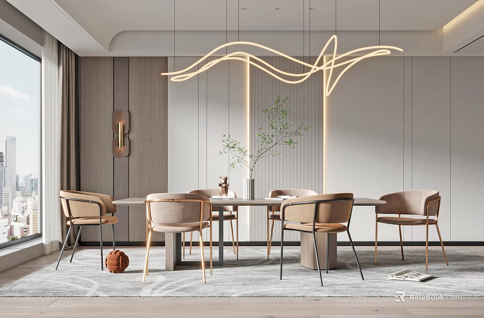 Modern Dining Table Set With Beige Chairs Stylish LED Pendant Light And Decorative Plant 3d model