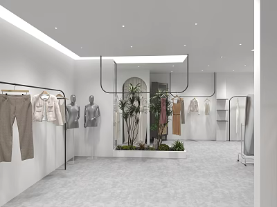 Modern Clothing Store Interior Design With Mannequins Clothing Racks And Green Plants 3d model