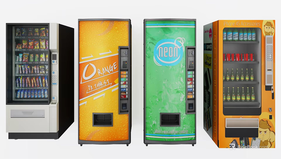 Commercial Vending Machines In Various Colors Dispensing Beverages With Brand Logos 3d model 