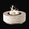 Modern Minimalist Round Stone Fireplace With Burning Flames And Black Pebbles