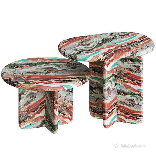Stylish Pair Of Colorful Marble Pattern Round Top Side Tables With Unique Bases 3d model 