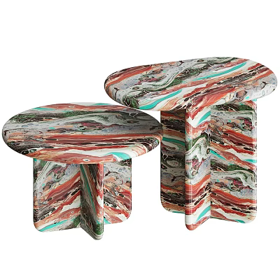 Stylish Pair Of Colorful Marble Pattern Round Top Side Tables With Unique Bases 3d model