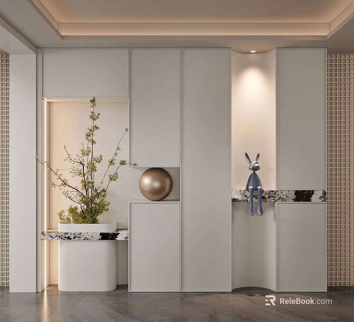 Modern Foyer Hallway With Light Cabinets Marble Potted Plant And Decor 3d model 