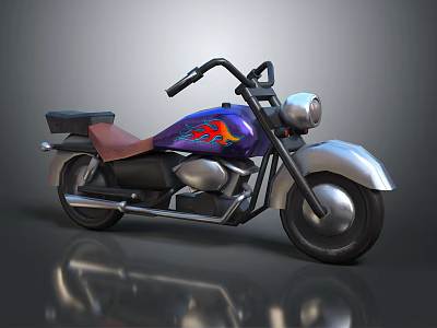 Vintage Style Purple Motorcycle With Red Flame Design Brown Seat And Round Headlight 3d model