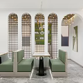 Changsheng Huizhou Cuisine Restaurant Interior With Green Wall Pendant Lights And Tables Chairs