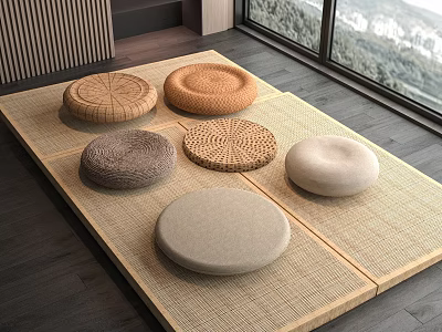 Cozy Interior With Round Cushions On Tatami Mat Near Window 3d model