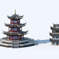 Ancient Chinese Architecture Featuring Multi Tiered Towers Curved Eaves And Stone Bases