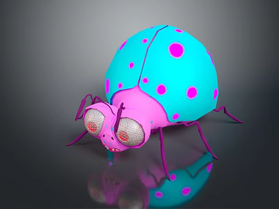 Turquoise And Pink Polka Dot Insect Toy With Large Shiny Eyes And Reflection 3d model