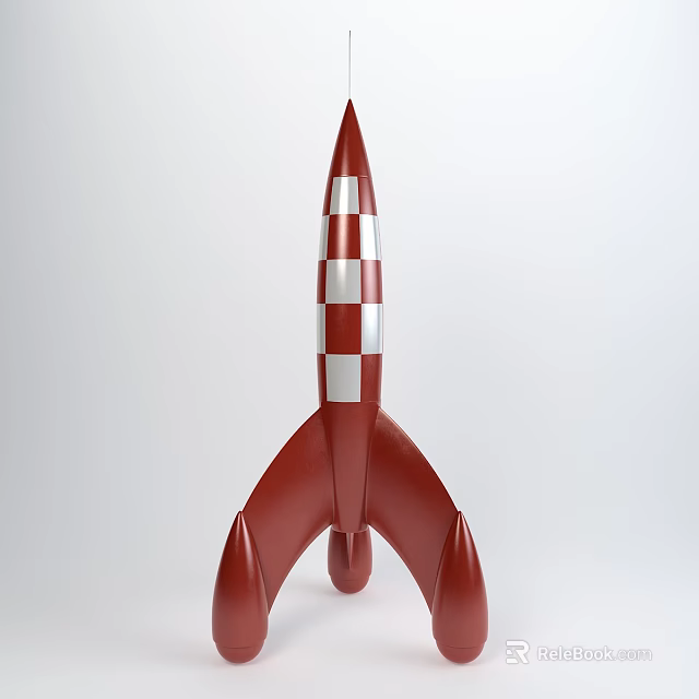 Red Rocket Model With White Checkered Body And Triangular Fins On White Background 3d model 