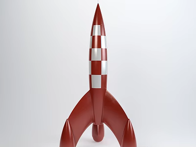 Red Rocket Model With White Checkered Body And Triangular Fins On White Background 3d model