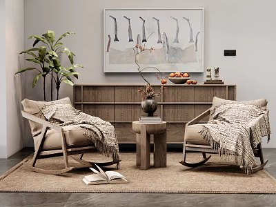 Cozy Rocking Leisure Chairs with Blankets Small Coffee Table Near Wooden Cabinet and Wall Art 3d model