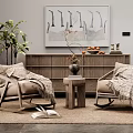 Cozy Rocking Leisure Chairs with Blankets Small Coffee Table Near Wooden Cabinet and Wall Art