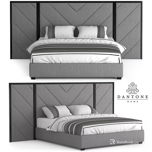 Modern Double Bed With Gray Geometric Upholstered Headboard Striped Linens And Pillows By Dantone Home 3d model 