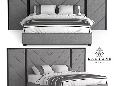 Modern Double Bed With Gray Geometric Upholstered Headboard Striped Linens And Pillows By Dantone Home 3d model