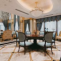 Luxurious Duplex Living Room Interior With Grand Chandelier Fireplace Blue Sofa And Decorative Furniture
