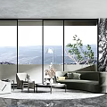 Modern Green Sofa and Coffee Table Set with Large Windows Mountain View and Floor Lamp
