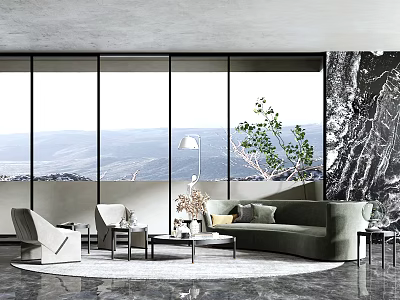 Modern Green Sofa and Coffee Table Set with Large Windows Mountain View and Floor Lamp 3d model