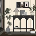 Black Console Table with Drawers Decorative Items White Vase Lamp Plants and Wall Framed 3d model