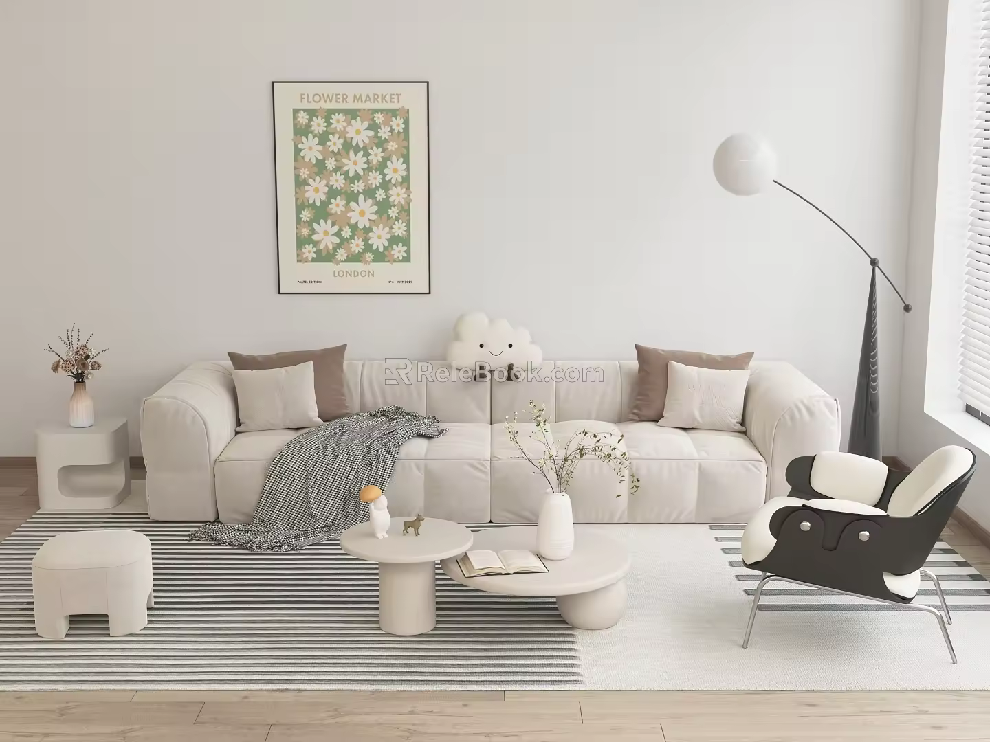 Modern Sofa Combination Cream Style Sofa Combination Coffee Table Leisure Chair Floor Lamp Hanging Painting Carpet Side Table Vase Pillow 3d model