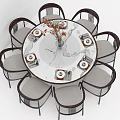 Elegant Modern Round Dining Table Set with Marble Top and Curved Back Chairs and Tableware 3d model