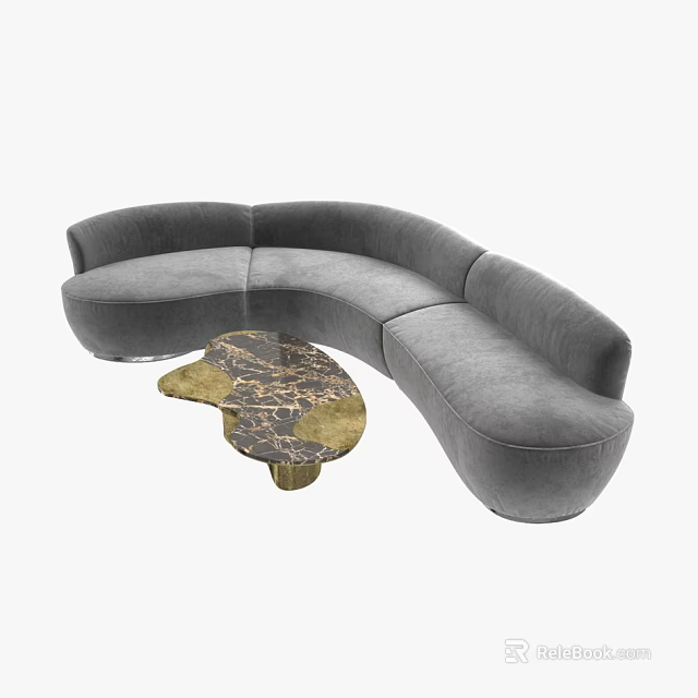 Gray Curved Sectional Sofa with Irregular Marble and Gold Accent Coffee Table 3d model