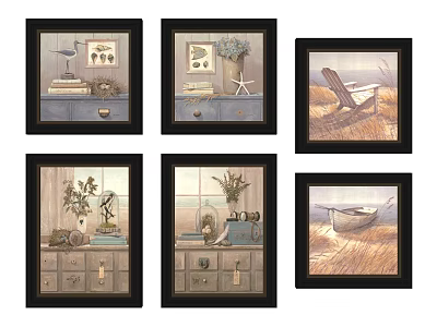 Rustic Black Framed Wall Art Collection With Shell Vase Chair And Boat Designs 3d model