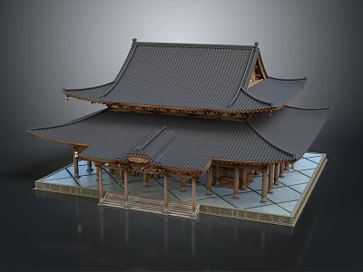 Traditional Japanese Wooden Architecture With Black Tile Roof And Curved Eaves Design 3d model