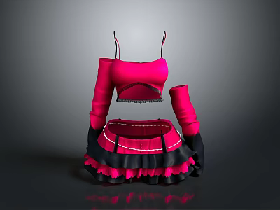 Fashionable Pink Black Off Shoulder Top and Skirt Set with Ruffled Hem and Trim 3d model
