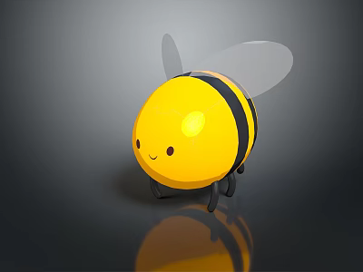 Cute Yellow Cartoon Bee With Black Stripes Smiling Face Transparent Wings On Gray Background Reflection 3d model