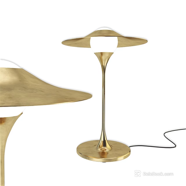 Golden Modern Table Lamp With Umbrella Shaped Shade Slender Pole And Round Base 3d model 