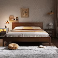 Cozy Wooden Double Bed with Headboard Pillows Nightstands Table Lamps and Wall Art