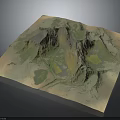 3D Terrain Map Displaying Mountain Ranges and Color Coded Topographic Features 3d model