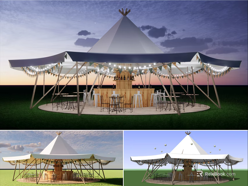 Outdoor Conical Top Tent Bar With String Lights And Wooden Tables Chairs 3d model 