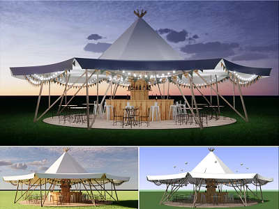 Outdoor Conical Top Tent Bar With String Lights And Wooden Tables Chairs 3d model