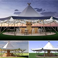 Outdoor Conical Top Tent Bar With String Lights And Wooden Tables Chairs