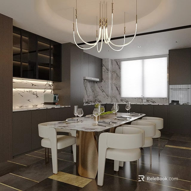 Modern Restaurant Interior Design With Marble Dining Table White Chairs Black Cabinets And Chandelier 3d model 