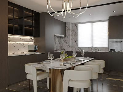 Modern Restaurant Interior Design With Marble Dining Table White Chairs Black Cabinets And Chandelier 3d model